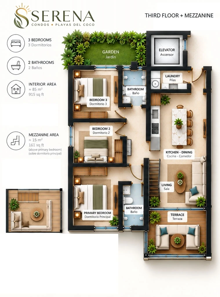 Serena Condos 3rd floor 3-bedroom, 2-bathroom residence floor plan with flex mezzanine